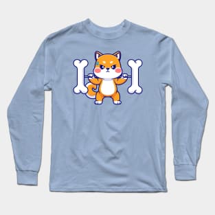 Cute Shiba Inu Lifting Bone Barbell Cartoon Long Sleeve T-Shirt